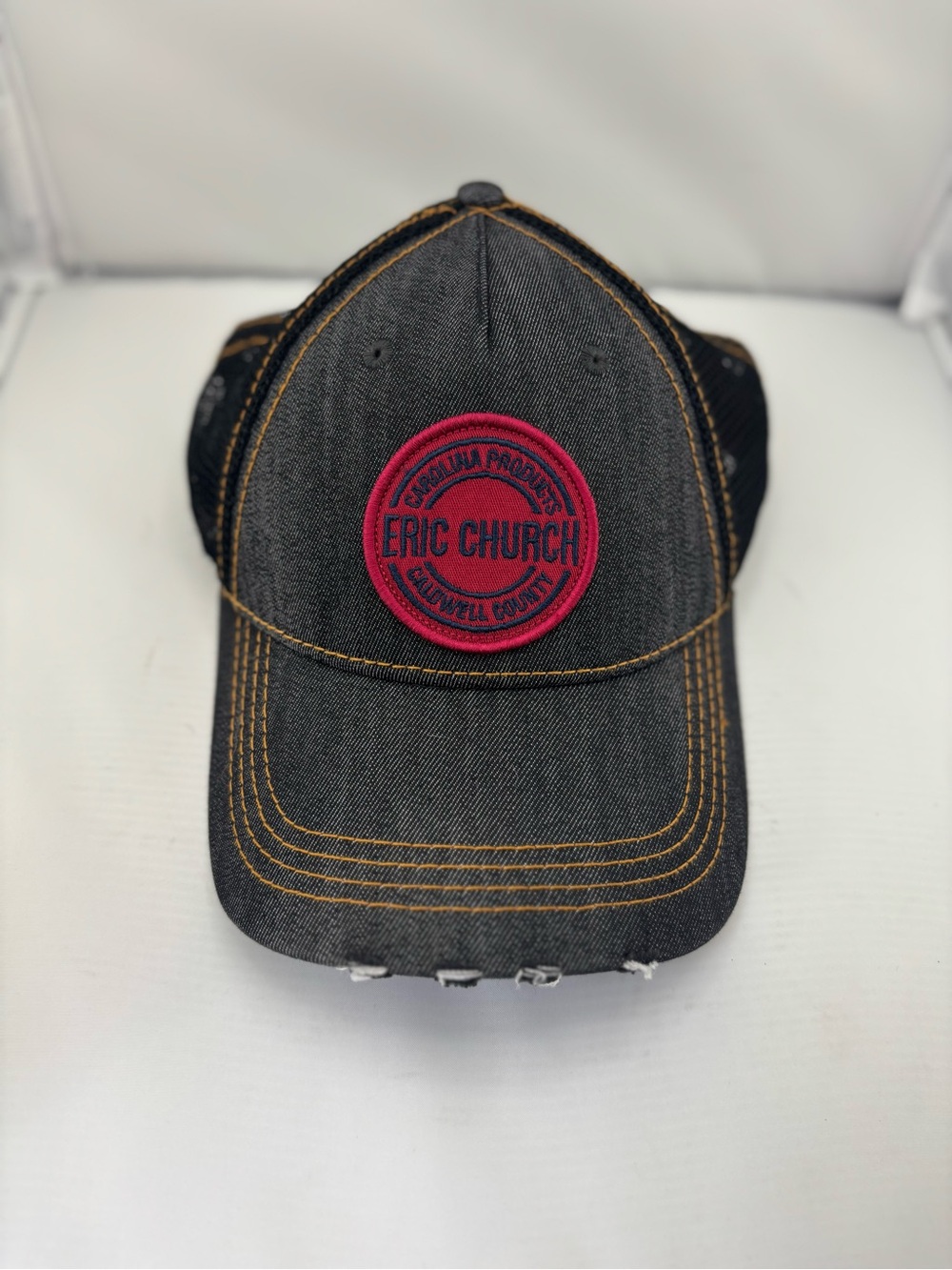 Eric Church Black Denim Trucker Hat with Red Patch Rare hard to find